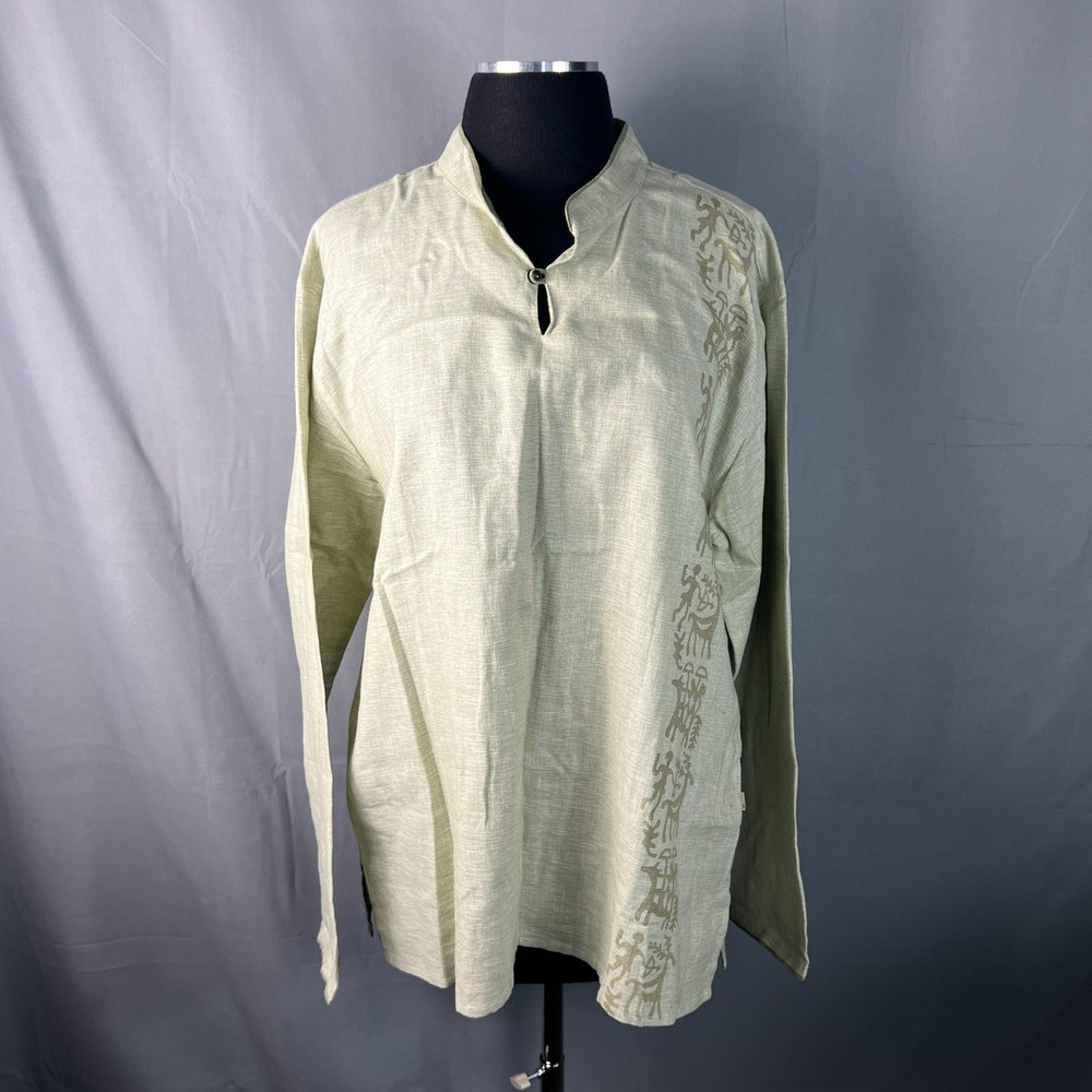 Veda Shirt Women XL Sage Green Traditional Graphics Side Slit Casual Long Sleeve